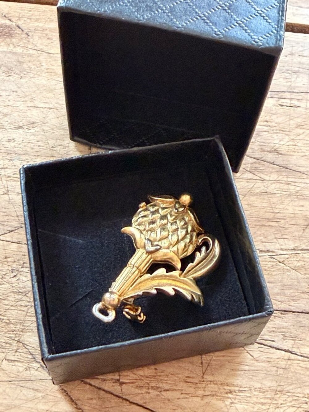 Vintage Gold-Tone Thistle Pin Brooch With Leaf Design & Box